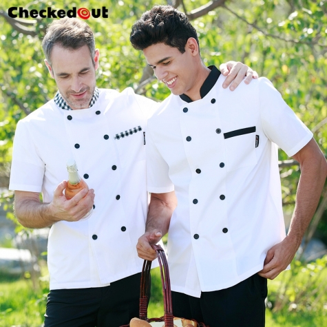 Checkered collar short sleeve unisex chef jacket