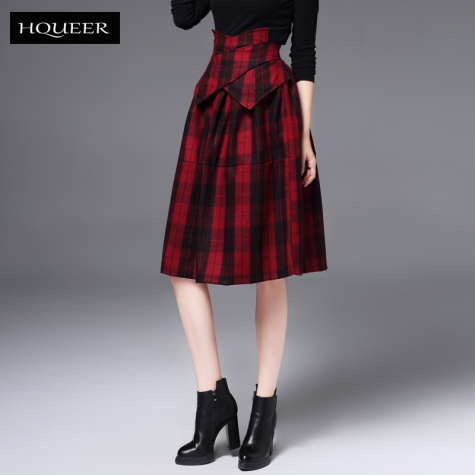 European woolen plaid mid length women skirt