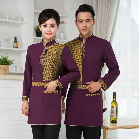 red button solid color waiter uniform shirts