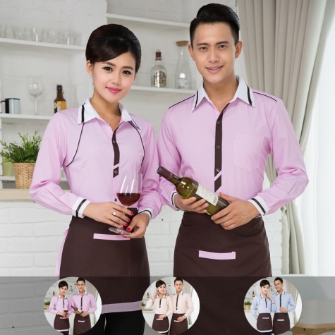 Chinese style short sleeve cafe bar waiter shirt + apron