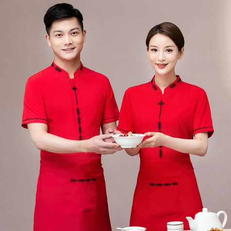 2022 Chinese red summer half sleeve chinese style waiter waitress blouse uniform cheap