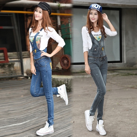Europe America female outfit autumn zipper connection denim women's jumpsuits rompers