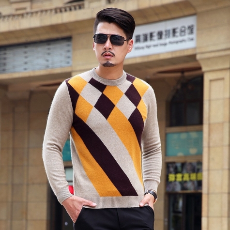 argyle pattern long mink velvet sweatshirt sweater for men