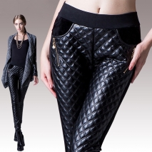 Europe sexy PU leather fleece zipper pocket woman straight leg trouser pant