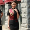 women red personality paint flower print waiter waitress uniform